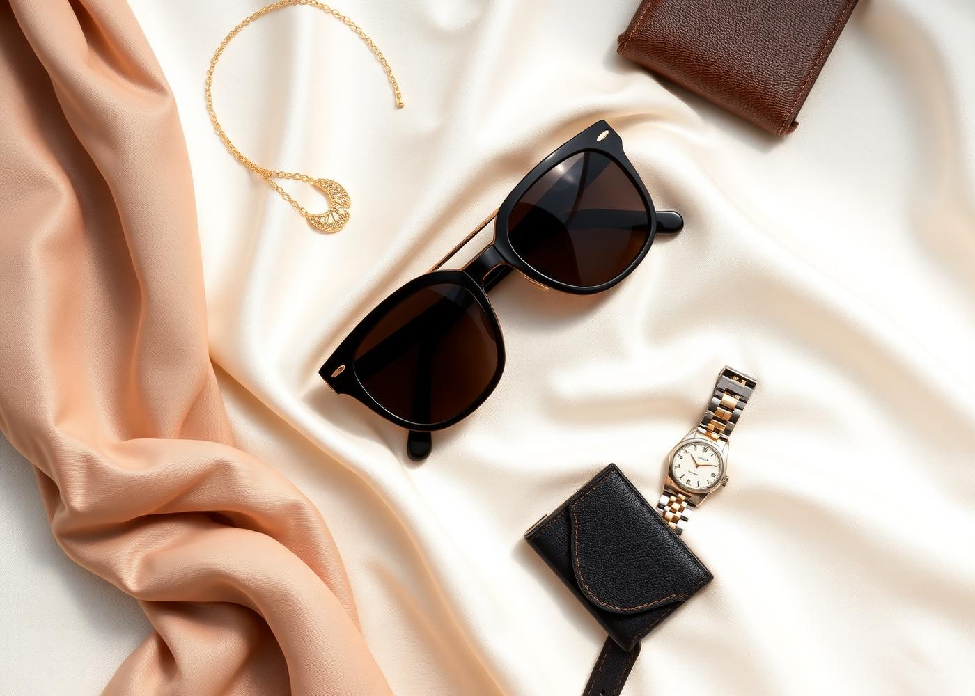 Luxury accessories arranged on ivory silk